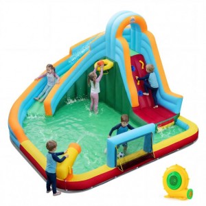 Pripučiamas batutas + 680 W pūstuvas su vandens čiuožykla, laipiojimo siena ir vandens patranka